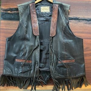 Kobler Leather Men's Black and Brown Leather Fringe Vest Eagle detail back